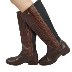 Prune Argentina Leather Croc Brown Black Knee High Boots Women's Size 39